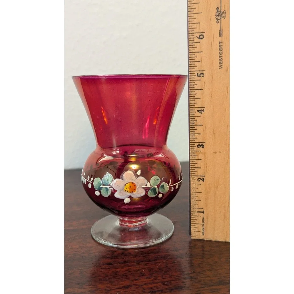 Vintage Ruby Red Glass Hand Painted Floral Vase Goblet Enamel Daisy 5in Small